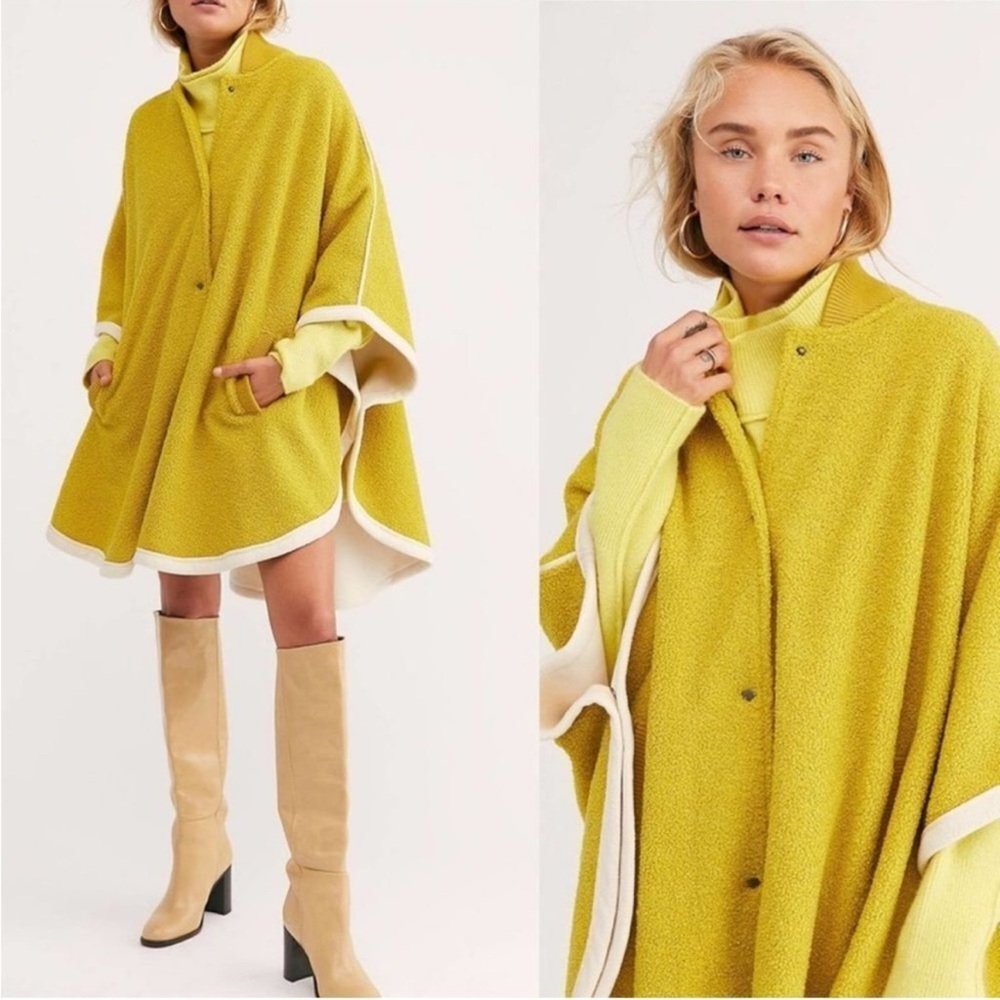 Free People Stone Cold Circle Cape Mustard Yellow Boucle Varsity Pancho - Picture 14 of 15